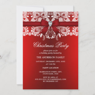 Invitation Fête de Noël au ruban rouge et dentelle