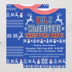 Invitation Fête de Noël au tricot moche Pull Bleu Blanc Rouge