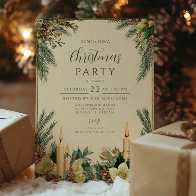 Invitation Fête de Noël aux chandelles à feuillage persistant (Créateur téléchargé)