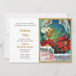 Invitation Fête de Noël aux cloches d'or poinsettia rouge vin
