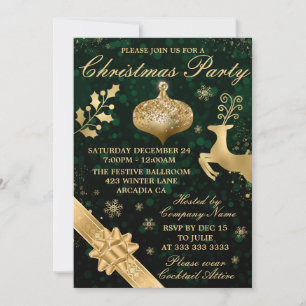 Invitation Fête de Noël avec bokeh vert, boule et ruban