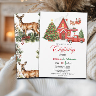 Invitation Fête de Noël avec camion rouge vintage et maison 