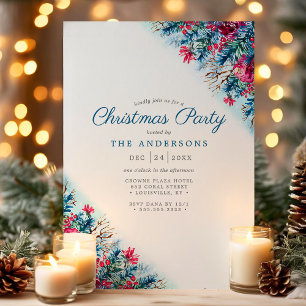 Invitation Fête de Noël avec feuillage hivernal floral bleu