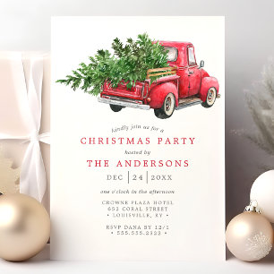 Invitation Fête de Noël avec un camion rouge aquarelle vintag