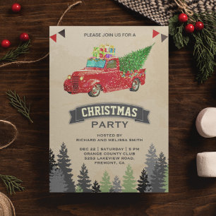 Invitation Fête de Noël avec un vieux pick-up rouge