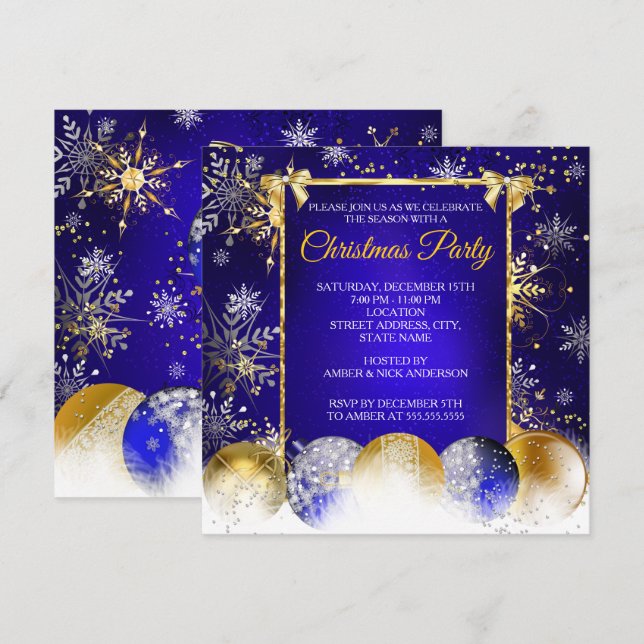 Invitation Fête de Noël Baube d'or bleu Snowflake (Devant / Derrière)