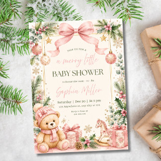 Invitation Fête de Noël Bébé Fille Ours en Peluche Rose Hiver