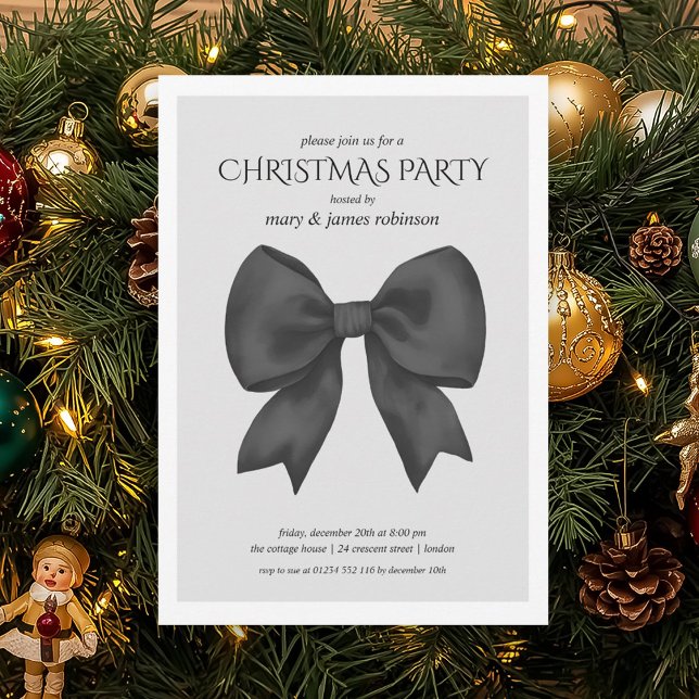 Invitation Fête de Noël Black Bow (Modern Black Bow Christmas Holiday Party Invitation)