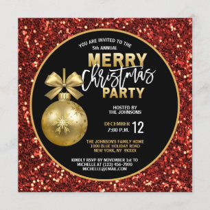 Invitation Fête de Noël Black Gold Red Parties scintillant Ba