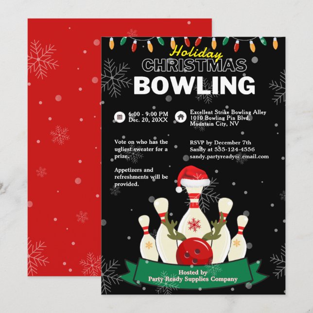 Invitation Fête de Noël Black & Red Snow Party (Devant / Derrière)