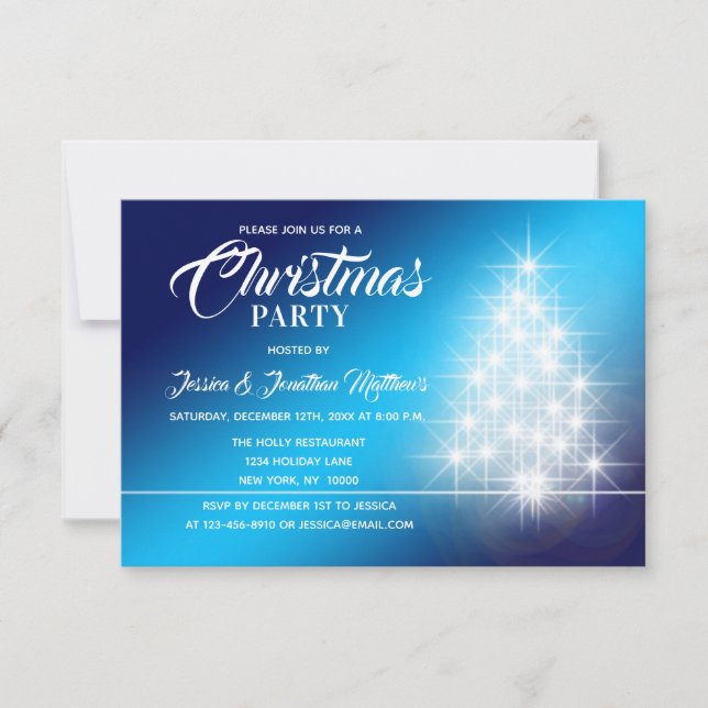 Invitation FÊTE DE NOËL Bleu Blanc Twinkles Lumières Arbre (Devant)
