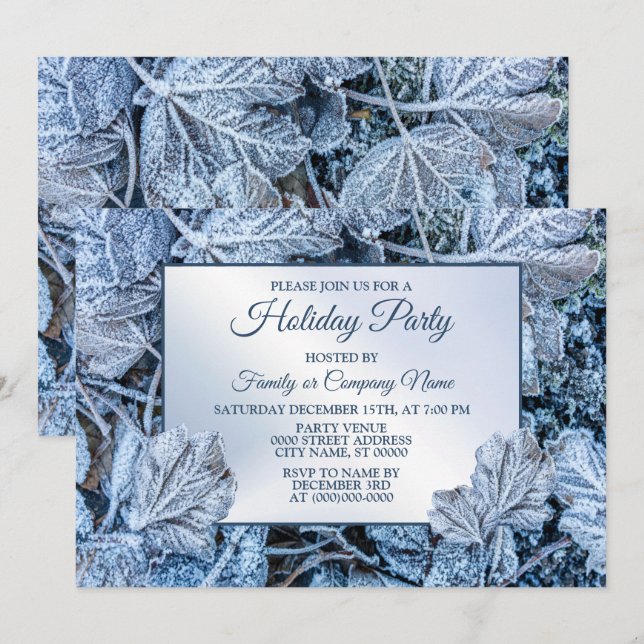 Invitation Fête de Noël Bleu Feuille Vacances de neige hiver (Devant / Derrière)