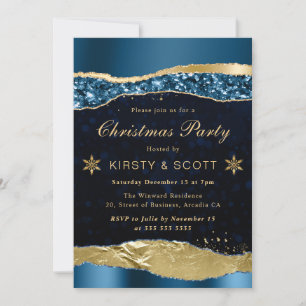 Invitation Fête de Noël Blue and Gold Glam Tears