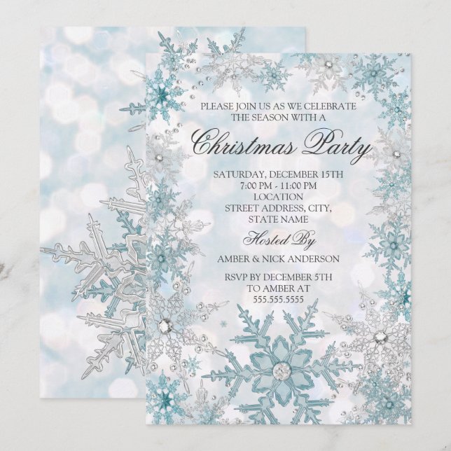 Invitation Fête de Noël Blue Silver Crystal Snowflake 2021 (Devant / Derrière)