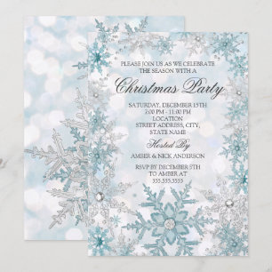 Invitation Fête de Noël Blue Silver Crystal Snowflake 2021