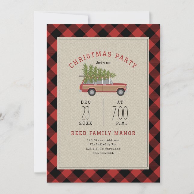 Invitation Fête de Noël Bois Wagon Car Tree Plaid (Devant)