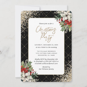Invitation Fête de Noël botanique au confetti noir et or