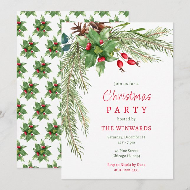 Invitation Fête de Noël Branches de Pin et Baies  (Devant / Derrière)