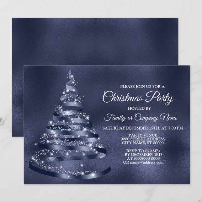 Invitation Fête de Noël Brillant Bleu Ruban Arbre Étincelle (Devant / Derrière)