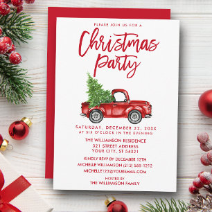 Invitation Fête de Noël Camion Vintage Brush Script Rouge