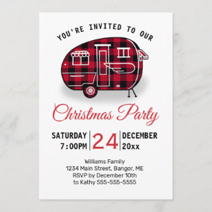 Invitation Fête de Noël Camping Red Buffalo Plaid Holiday