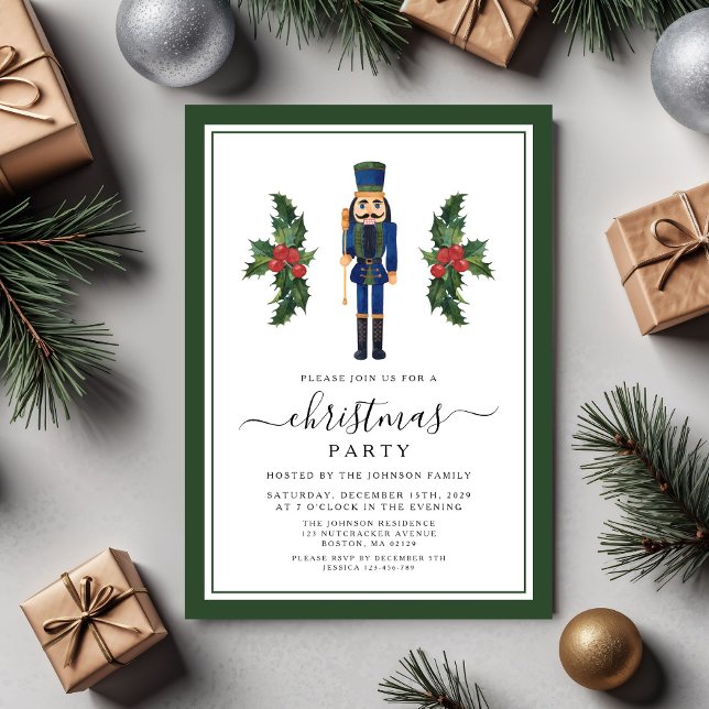 Invitation Fête de Noël Casse-Noisette Vert Festif (Festive Green Nutcracker Christmas Party Invitation)