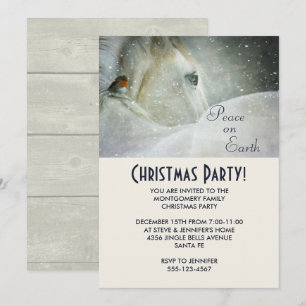 Invitation Fête de Noël Cheval Blanc et Oiseau en Hiver