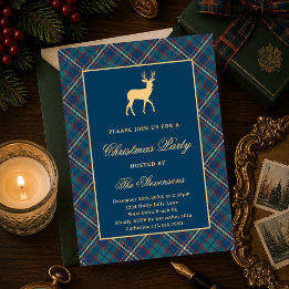 Invitation Fête de Noël Classique Carreaux Renne Bleu Marine