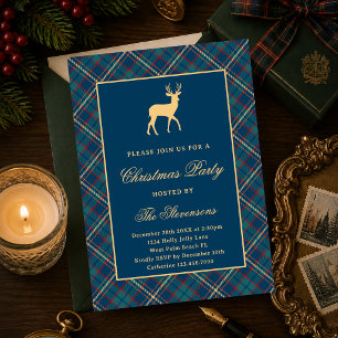 Invitation Fête de Noël Classique Carreaux Renne Bleu Marine
