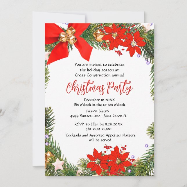 Invitation Fête de Noël d'affaires couronne avec Poinsettia (Devant)
