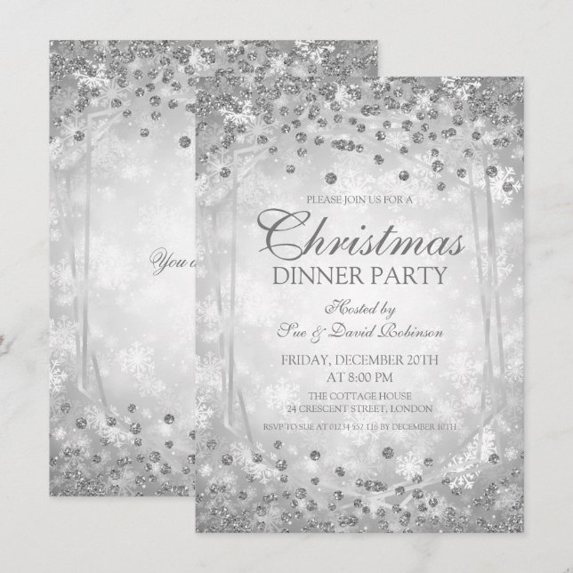 Invitation Fête de Noël d'argent Glam d'hiver (Devant / Derrière)