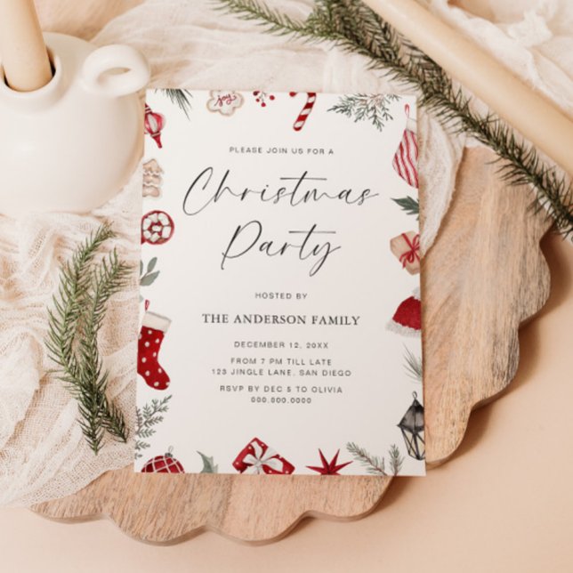 Invitation Fête de Noël de cadre d'aquarelle rouge (Créateur téléchargé)