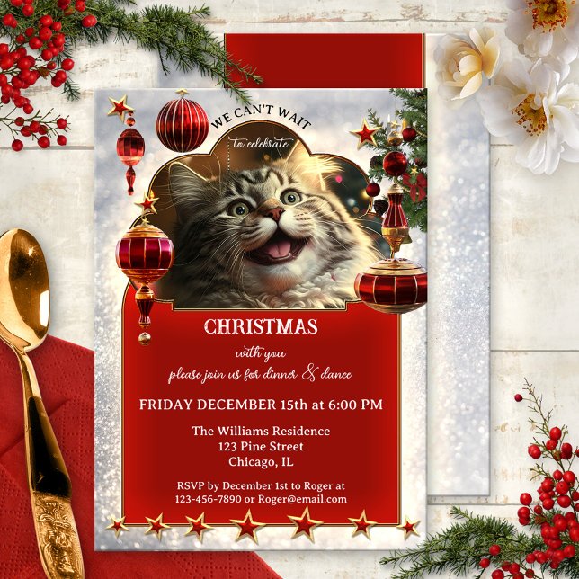 Invitation Fête de Noël de Chat Funny (A funny Christmas holiday invitation featuring an all exited kitty watching the ornaments and lights)