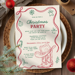 Invitation Fête de Noël de cow-boy western dessinée à la main