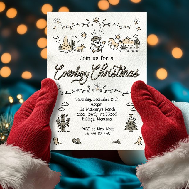 Invitation Fête de Noël de Cowboy dessinée à la main (Créateur téléchargé)