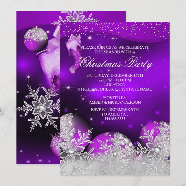 Invitation Fête de Noël de Flocon de neige rose violet (Devant / Derrière)