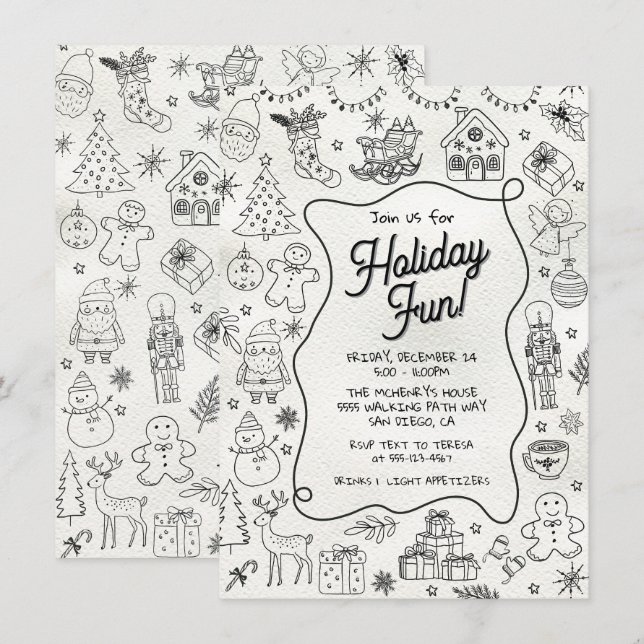 Invitation Fête de Noël de gribouillis dessinée à la main (Devant / Derrière)
