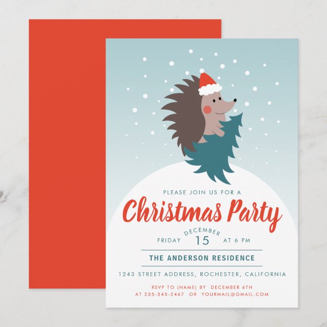 Invitation Fête de Noël de Hérisson mignonne et moderne (Devant / Derrière)