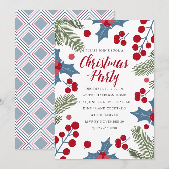 Invitation Fête de Noël de Holly Berries et Ferns (Devant / Derrière)