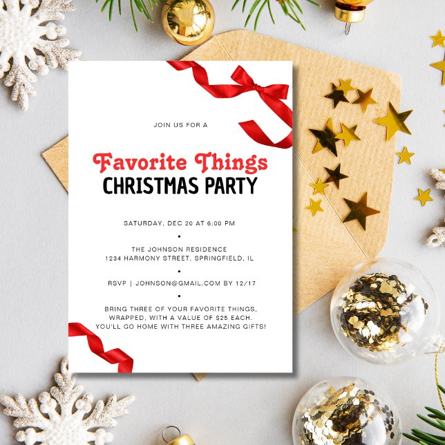 Invitation Fête de Noël de la Bow rouge lunaire (Whimsical Red Bow Favorite Things Christmas Party Invitation)