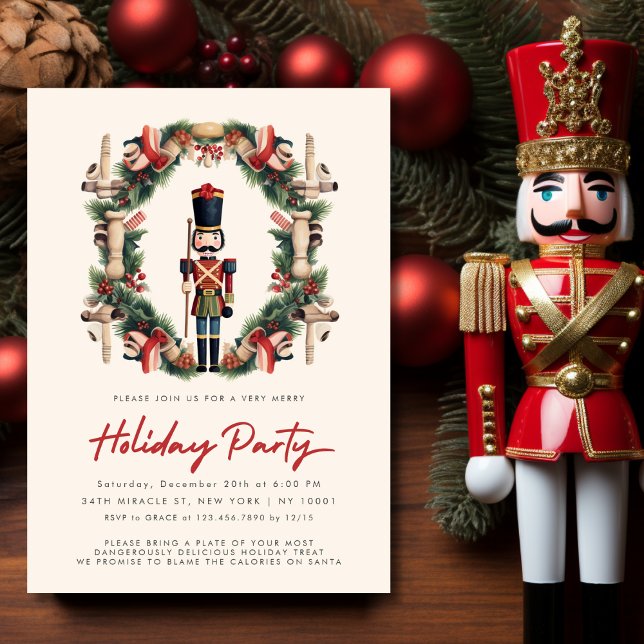Invitation Fête de Noël de la couronne de noisette rouge (Red Nutcracker Wreath Christmas Party Invitation)