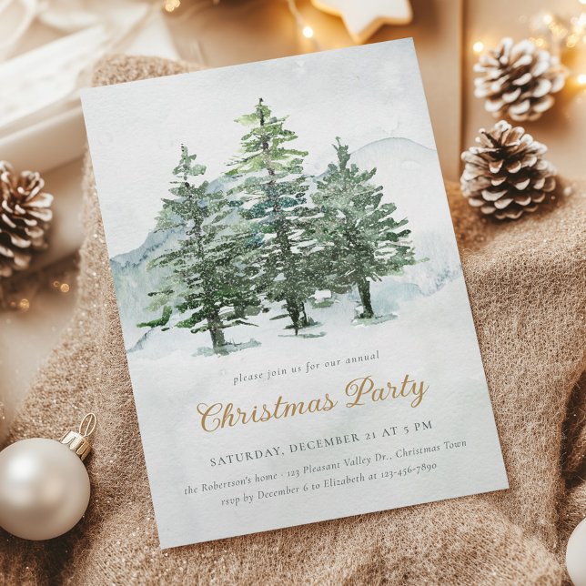 Invitation Fête de Noël de la forêt de pins aquarelle (Créateur téléchargé)