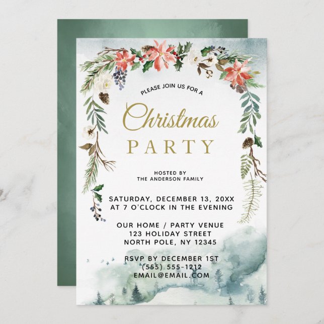 Invitation Fête de Noël de la Forêt Florale Rustique d'hiver (Devant / Derrière)