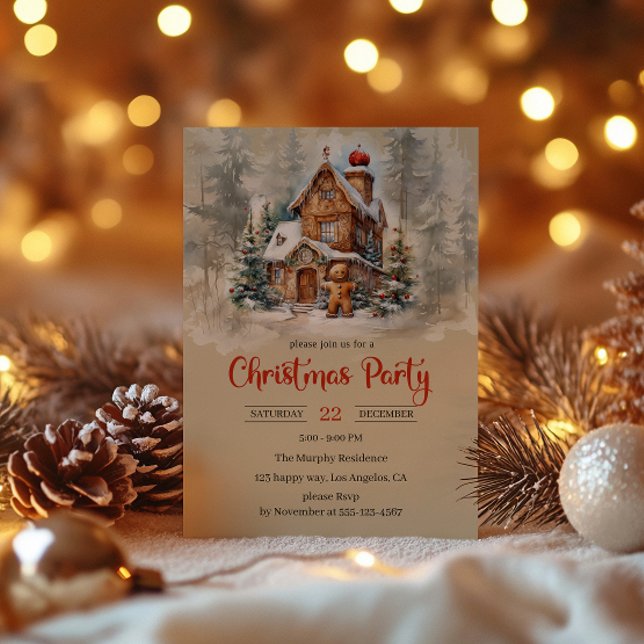 Invitation Fête de Noël de la maison de pain d'épices rustiqu (Créateur téléchargé)
