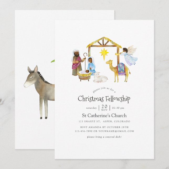 Invitation Fête de Noël de la Nativité aquarelle (Devant / Derrière)