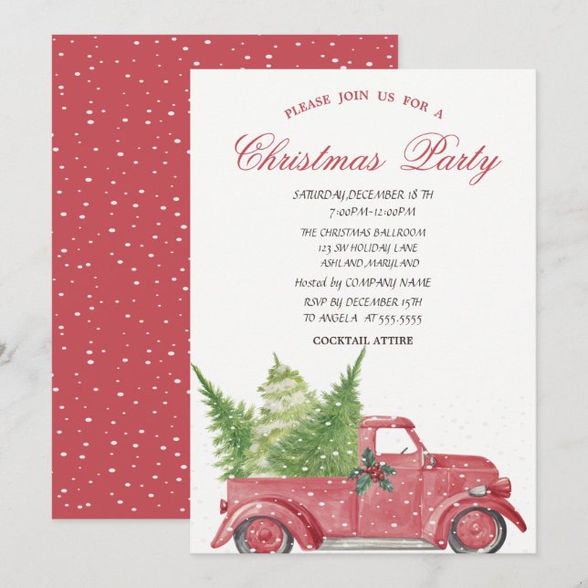 Invitation Fête de Noël de la neige de l'arbre à pin rouge (Devant / Derrière)