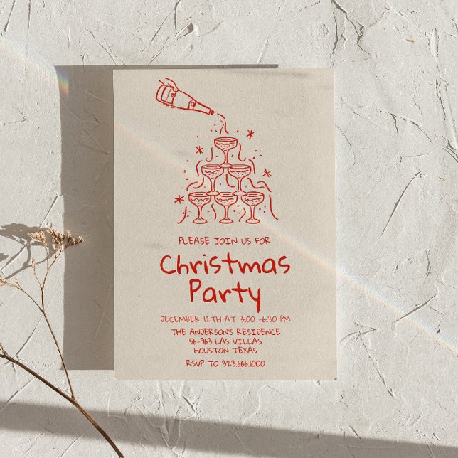 Invitation Fête de Noël de la tour de Champagne Rouge Rétro (Créateur téléchargé)