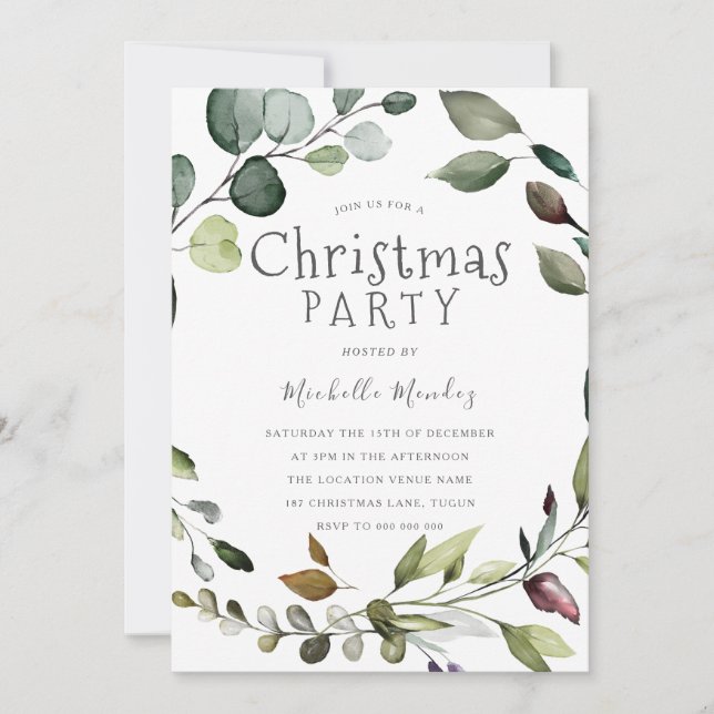Invitation Fête de Noël de l'aquarelle de feuille de verdure (Devant)