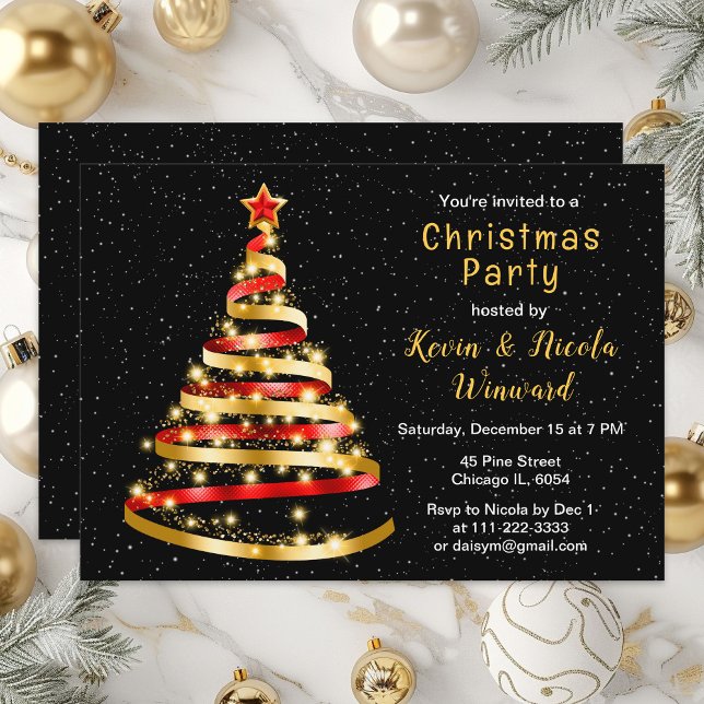 Invitation Fête de Noël de l'arbre à ruban rouge et or (Créateur téléchargé)