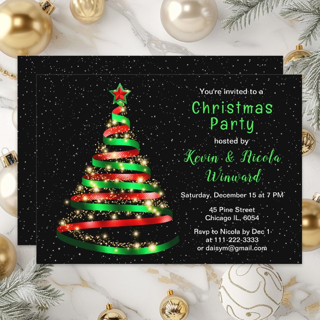 Invitation Fête de Noël de l'arbre à ruban rouge et vert (Créateur téléchargé)